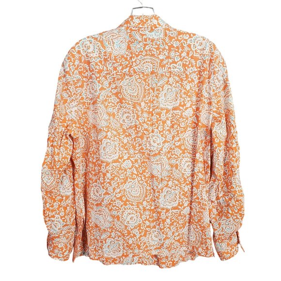 JNY Signature Sz XL Blouse Button Front Floral Roll Tab Cotton Side Vents Orange - Picture 2 of 14